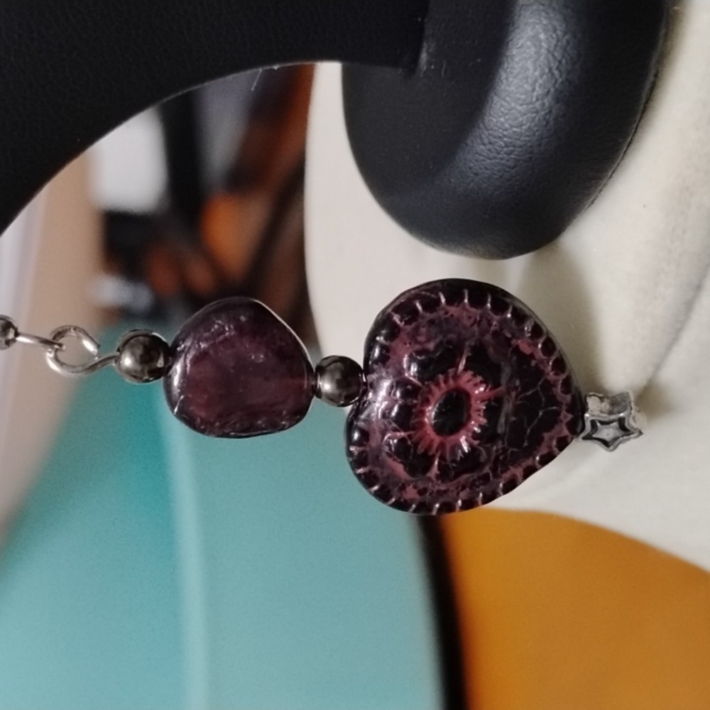 Hand Crafted Dark Red And Black Floral Heart Czech Glass With Garnet Earrings - Picture 2 of 6